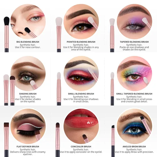 Vista 4 de docolor Juego de brochas de sombra de ojos, mango de madera de oro rosa negro con oro rosa