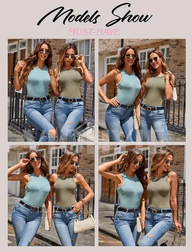 Vista 4 de VICHYIE - Camiseta de tirantes para el verano para mujeres, básica, sin mangas, camiseta ajustada de punto acanalado, blusas con espalda cruzada