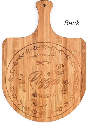 Vista 9 de Cáscara de pizza de bambú prémium de 12 pulgadas con mango Pala de pizza de madera, tabla de cortar para frutas, verduras, queso, pan