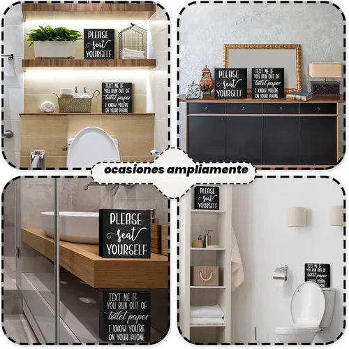 Vista 6 de Jetec 2 Piezas de Decoración de Señales de Baño de Granja, Señales de Madera Divertidas para Pared de Baño, Placa de Madera Rústica "Please Seat