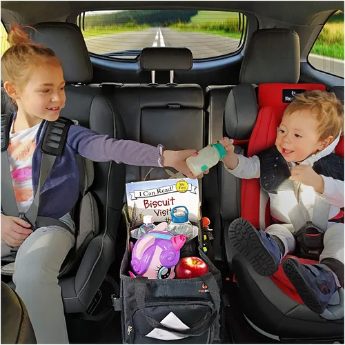 Vista 6 de Organizador de automóvil para niños de fácil acceso con caja de pañuelos y portavasos para asiento trasero, asiento delantero, entre asientos, piso