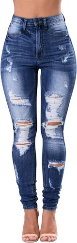 Vista 6 de KUNMI - Pantalones de mezclilla clásicos de cintura alta para mujer, elásticos, con efecto de levantamiento de glúteos, ajustados