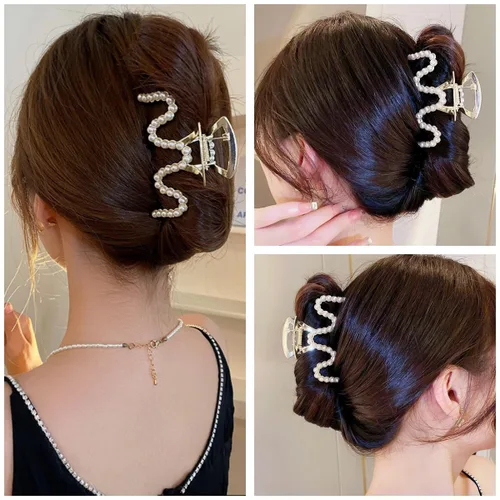 Vista 4 de Pinzas para el Cabello con Diamantes de Imitación, Textention Pinzas de Garra con Perlas de 3.4 Pulgadas para Cabello Grueso, Sujetadores
