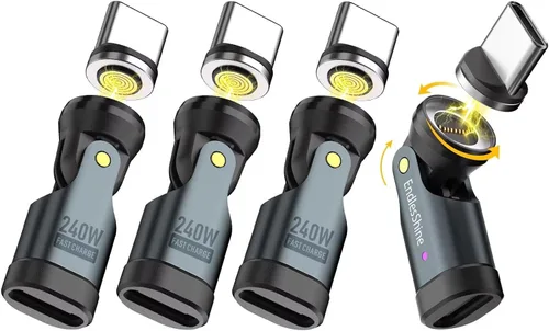 Vista 7 de Adaptador magnético USB C, 240 W PD de carga rápida de 480 Mbps de datos de 9 pines, giratorio de 540° con indicador LED, puntas protectoras