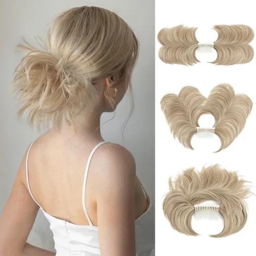 Vista 21 de Peine de moño desordenado con clip lateral para mujer, corto, natural, lacio, versátil, ajustable, fácil de peinar, (rubio ceniza-C)
