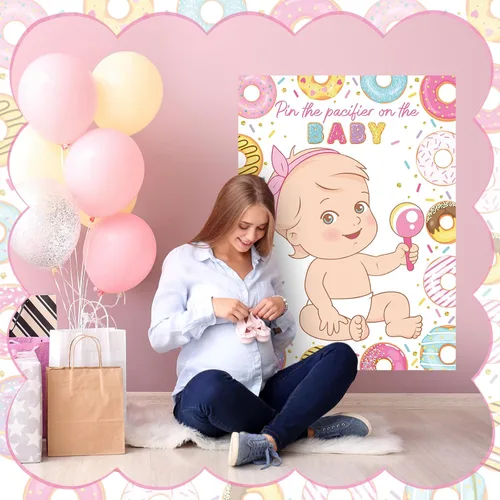 Vista 6 de Faccito Pin The Chupete Juego de baby shower, decoración de fiesta de baby shower, incluye póster grande, 24 calcomanías para chupete, juego