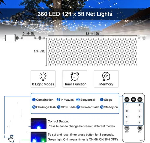 Vista 7 de JMEXSUSS Luces de Red al Aire Libre Impermeables, 12 pies x 5 pies con 8 Modos y Control Remoto, 360 LED, Luces de Red Enchufables para Decoración