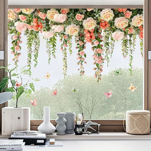 Vista 4 de Calcomanías de pared de rosas vívidas, calcomanías de pared florales de vid colgantes, calcomanías de mariposa, papel tapiz para despegar y pegar
