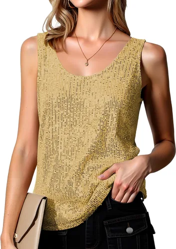 Vista 9 de Tops de Lentejuelas para Mujeres Sin Mangas Cuello Pronunciado Brillantes con Destellos Camisetas Sin Mangas Sexy para Fiestas Camiseta Base Sin
