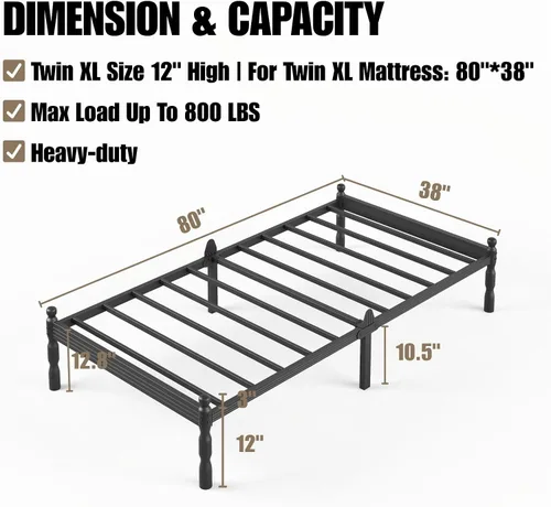 Vista 47 de 12 Inch Heavy Duty Black Metal Platform Bed Frame with Mattress Support, Twin Platform Bed Frame with Under Bed Storage, No Box Spring Needed, Easy