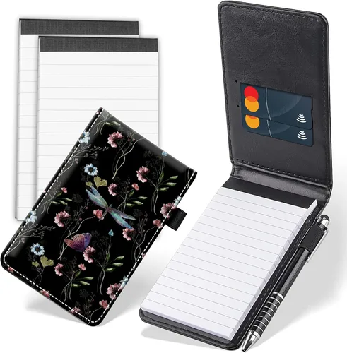 Vista 18 de Juego de 4 mini bloc de notas de bolsillo, diseño de corazón de dinosaurio, funda de piel sintética, soporte para notas con 2 ranuras para tarjetas