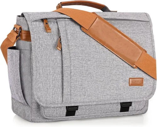 Vista 7 de ESTARER Bolsa de mensajero para laptop de 13 a 14 pulgadas, resistente al agua, bolsa de hombro de lona para universidad de negocios, gris
