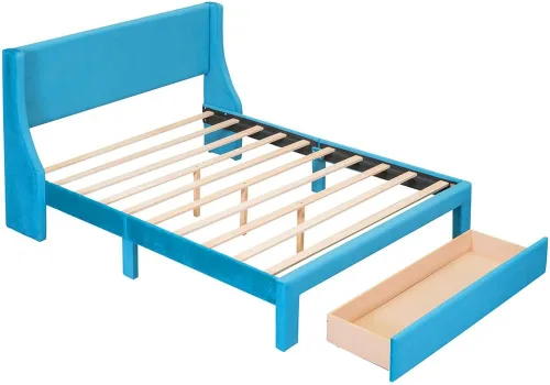 Vista 5 de Anwick Base de cama de terciopelo de tamaño matrimonial con cajón de almacenamiento, cama moderna tapizada con cabecera y listones de madera maciza