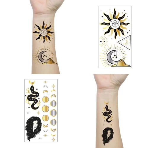 Vista 2 de 9 hojas de tatuajes temporales pequeños, color negro, calcomanías de tatuaje de cara para hombres y mujeres, dorado metálico, flor espacial, luna