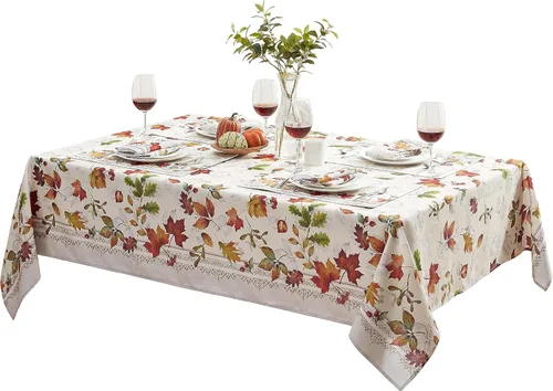 Vista 2 de Newbridge Mantel de tela de follaje otoñal de Acción de Gracias, rectangular de 60 x 144 pulgadas, hojas cambiantes con bordes, Autumn Essentials