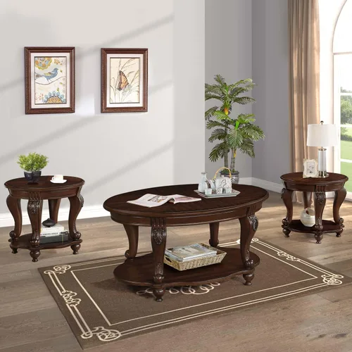 Vista 9 de Mesa de café ovalada de madera para sala de estar, mesa de café de dos niveles de madera maciza con estante de almacenamiento abierto, mesa