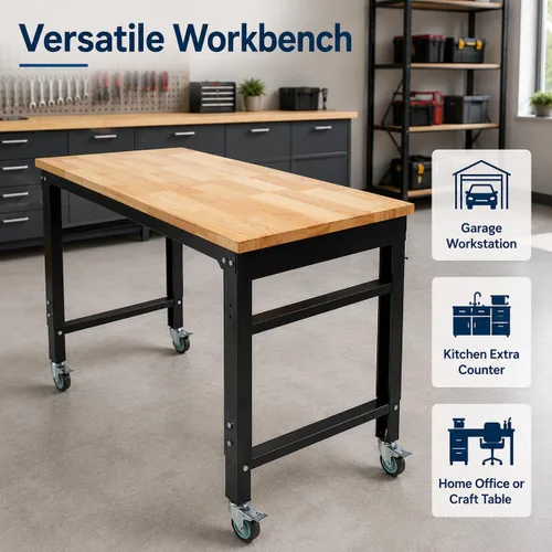 Vista 3 de Banco de trabajo ajustable de 48 pulgadas con ruedas, mesa de trabajo resistente de 2000 libras, banco de herramientas de taller, metal con parte