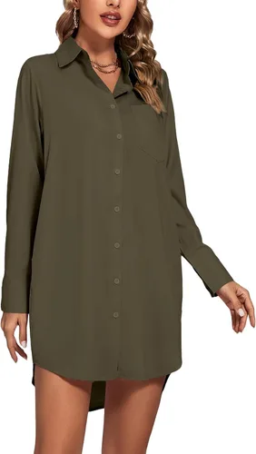 Vista 4 de LYANER Vestido camisero para mujer con cuello en V, botones, manga larga y dobladillo curvado