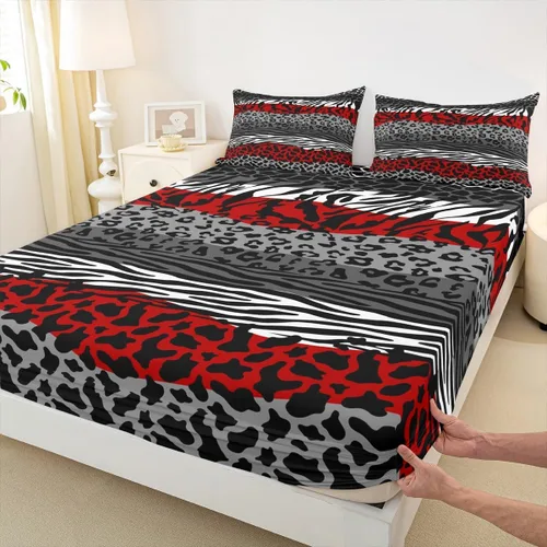 Vista 21 de Sábana bajera ajustable con estampado de leopardo, tamaño individual, juego de ropa de cama rústica con rayas de piel de cebra, decoración