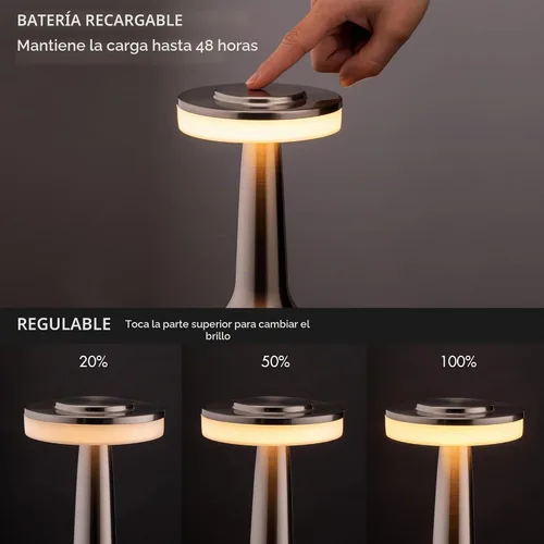 Vista 2 de Lámpara de mesa LED portátil O'Bright con sensor táctil, 3 niveles de brillo, batería recargable de hasta 48 horas de uso, luz nocturna para Plateado