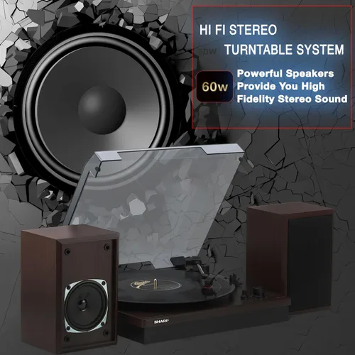 Vista 3 de Sharp RP-TT70 Tocadiscos de vinilo: Tocadiscos Bluetooth dual de 3 velocidades de 12 pulgadas con altavoces estéreo