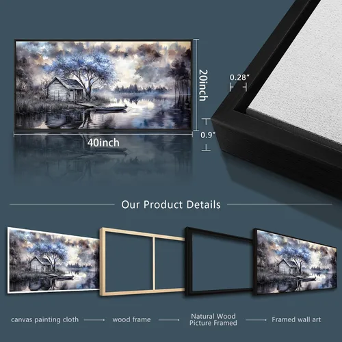 Vista 7 de ERQINHUA Arte de pared para sala de estar, lienzo decorativo de pared para dormitorio, oficina, decoración con árbol azul, paisaje junto al lago