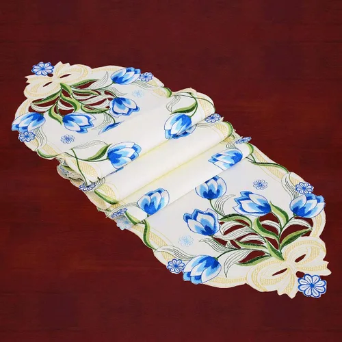 Vista 5 de Caminos de mesa pequeños bordados de tulipán, manteles florales de primavera para Pascua (azul, 13 x 35 pulgadas)