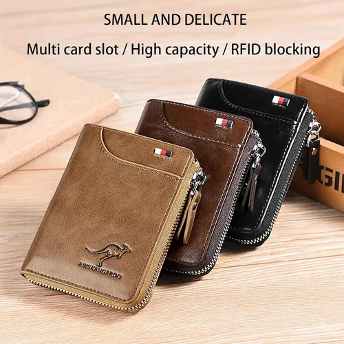 Vista 3 de Nucery Billeteras con cremallera para hombre, con bloqueo RFID, de gran capacidad, carteras de cuero con 15 tarjeteros de crédito, Marrón, Moda