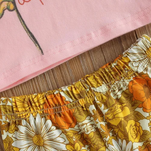 Vista 4 de Nie Cuimeiwan Conjunto de 2 piezas de pantalones acampanados para niña pequeña con estampado de letras y pantalones acampanados florales