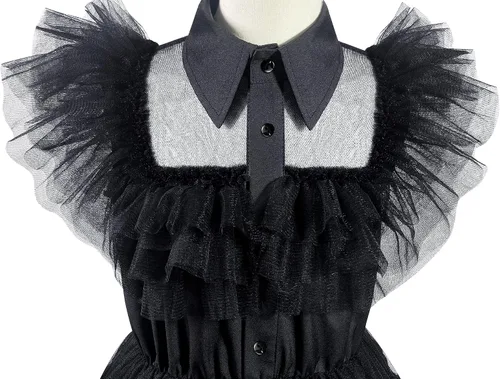 Vista 9 de KLFFLGID Wednesday Addams - Vestido de Halloween para niñas con guantes, cinturón y calcetines, traje de cosplay de la familia Addams