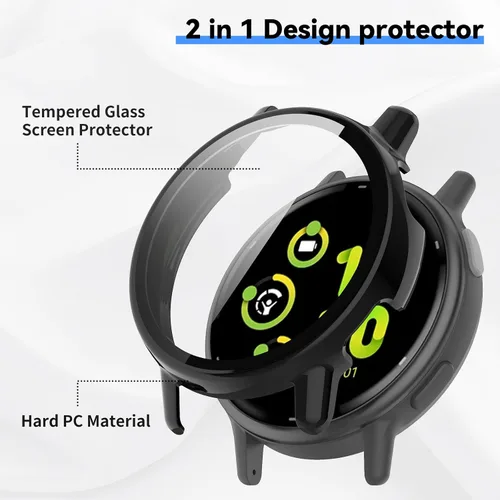 Vista 2 de Protector de pantalla diseñado para Garmin Vivoactive 5 con película de vidrio templado, carcasa de policarbonato duro, cubierta completa, Negro