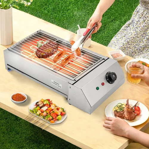 Vista 5 de Parrilla eléctrica, parrilla eléctrica comercial para interiores con control de temperatura a 572 °F, parrilla extraíble y placas de plancha