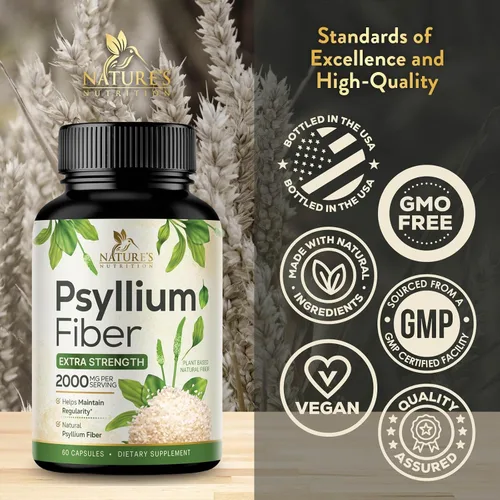 Vista 4 de Polvo de cáscara de psyllium de 2000 mg por porción, suplemento de fibra de psyllium extra fuerte, píldoras de fibra soluble natural, apoya