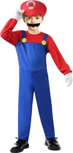 Vista 2 de BOMLY Disfraz de Super Mario para niños, disfraz de fontanero de Halloween con accesorio