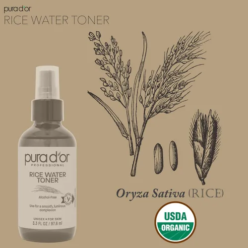 Vista 4 de PURA D'OR Tónico facial de agua de arroz de 3.3 onzas, fórmula hidratante, equilibrante y calmante con extractos naturales, soporte de textura