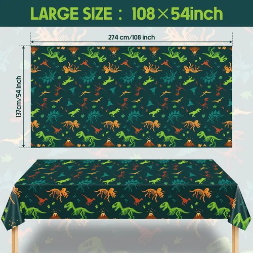Vista 2 de Tudomro 1 mantel de plástico de dinosaurio para fiesta, decoración de mesa de cumpleaños de dinosaurio, funda de mesa desechable para suministros