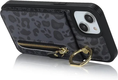 Vista 9 de Funda para iPhone 13 mini con tarjetero y correa para mujer, bolsa cruzada con soporte de anillo con cremallera para Apple 13mini, leopardo negro