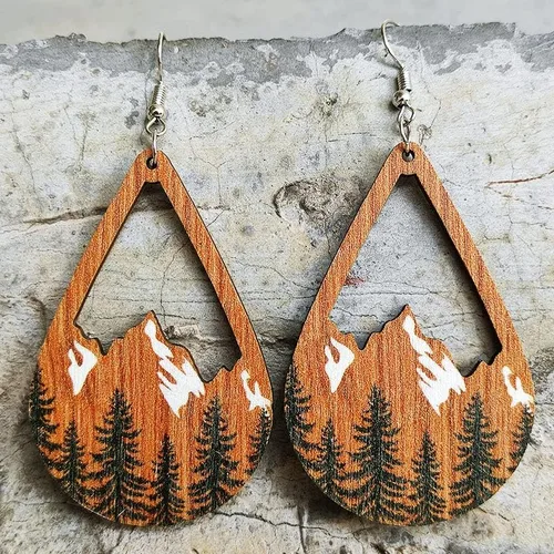 Vista 2 de Caiyao Aretes colgantes de madera estilo bohemio vintage de madera para montaña, estilo bohemio, ligero, con diseño de árbol, para mujeres y niñas