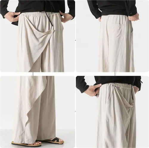 Vista 7 de PRIJOUHE Pantalones casuales de lino para hombre, pantalones holgados ligeros y elásticos con cordón en la cintura