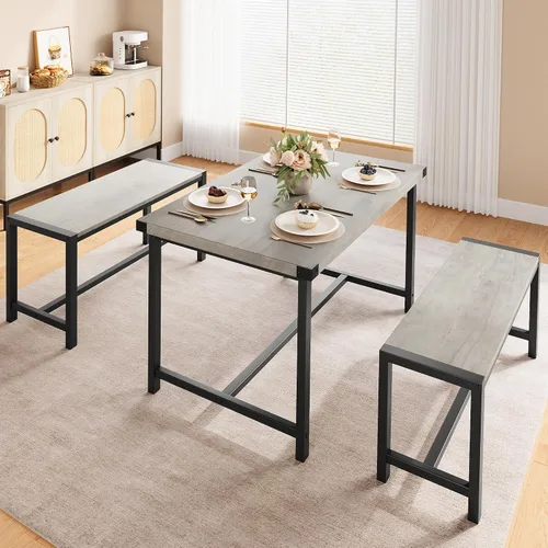 Vista 2 de Juego de mesa de comedor para 4 personas con 2 bancos, juego de mesa de cocina de 3 piezas, juego de comedor que ahorra espacio para cocina, Gris