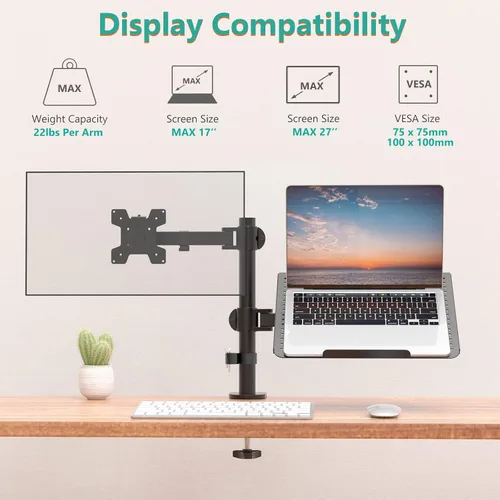 Vista 3 de WALI Soporte para laptop y monitor, soporte para monitor totalmente ajustable y bandeja para laptop para 1 portátil de hasta 17 pulgadas y 1
