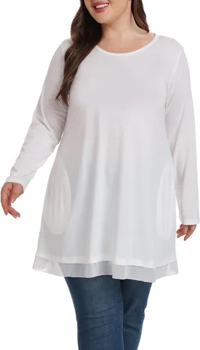 Vista 3 de Shiaili Camisetas tipo túnica de talla grande para mujer, camisas largas y fluidas para leggings (blanco, 3X)