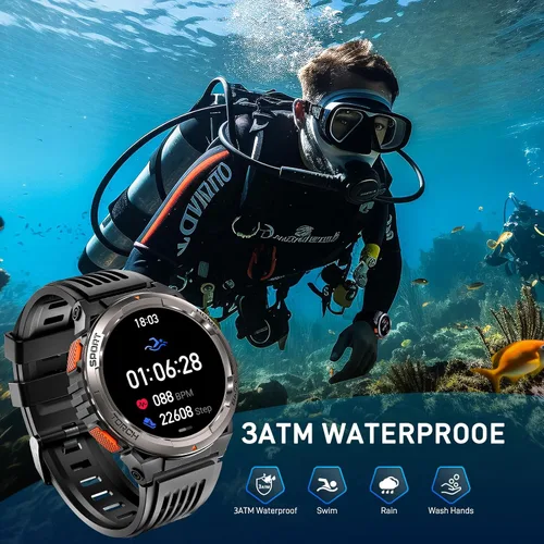 Vista 5 de Relojes inteligentes militares para hombres con linterna LED, reloj inteligente táctico resistente con 1.45 pulgadas HD, 3ATM impermeable y brújula