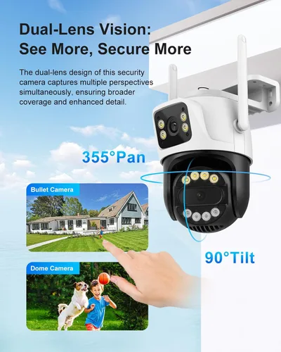 Vista 2 de Cámara de seguridad inalámbrica de doble lente de 6MP para exteriores, cámara de vigilancia WiFi para el hogar, PTZ, panorámica de 355°, inclinación