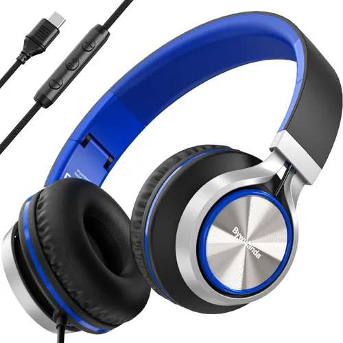 Vista 10 de Bywulanda - Auriculares con cable con micrófono y control de volumen, auriculares de diadema con cable, ligeros, plegables, con cable, estéreo