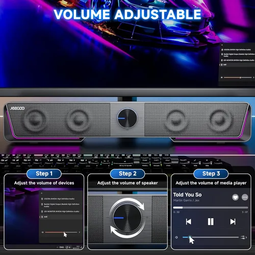 Vista 3 de Jeecoo A40 - Altavoces Bluetooth para computadora con sonido claro, altavoces USB Plug & Play para PC con luz LED, barra de sonido para computadora