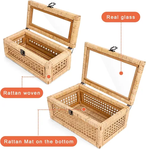Vista 10 de HUAXIN CRAFT H Caja decorativa de ratán con tapa, rectangular tejida con vidrio para exhibición, juego de 2 mimbre para decoración