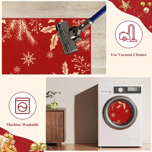 Vista 5 de Pauwer Juego de 3 alfombras de cocina de Navidad, tapetes de cocina con flores de Navidad, alfombras y tapetes de cocina antideslizantes y lavables