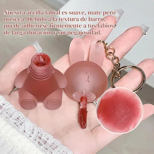 Vista 4 de Juego de lápices labiales líquidos de terciopelo mate de 6 colores, lindo esmalte de labios de conejo 2 en 1, llavero de brillo de labios, tinte