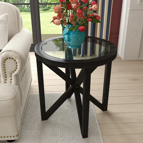 Vista 5 de Mesa auxiliar redonda de 22.1 pulgadas, mesa auxiliar moderna con parte superior de vidrio templado y base de madera maciza para espacios pequeños